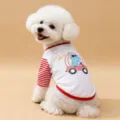 Bonita camiseta de verano para mascotas con estampado de dinosaurio y mangas de rayas rojas. - XS / Rojo