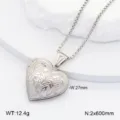 Collier pendentif médaillon cœur en acier inoxydable gravure florale vintage cadeau femme - Médaillon Cœur à Motifs / Argent