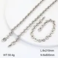 Vue détaillée d'ensemble collier et bracelet en acier inoxydable, design ovale géométrique. - Style 21