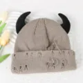 Distressed knit beanie with devil horns, punk style winter wool hat with pins and rings - Adjustable / Khaki