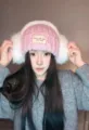 Roze gebreide muts met witte pluche oorbeschermers, schattige winter warme muts voor dames - Verdikte Oorkwarmer Stijl / Roze