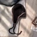 Bonnet trappeur d'hiver en peluche marron avec oreillettes prolongees, chapeau aviateur chaud - Café