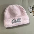 Pink knitted beanie for women and men, autumn winter warm casual letter embroidery ski cap. - Pink