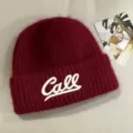 Winter warm knitted beanie hat, dark red fuzzy knit cap with white Call embroidery, casual cold hat. - Wine Red