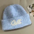 Blue knitted beanie hat with white letter embroidery, cozy winter warm casual soft wool cap. - Azure Blue