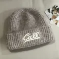 Korean style letter embroidered knitted beanie hat, warm winter casual solid color cap - Khaki