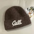 Brown knitted beanie hat with white Call letter embroidery, warm winter casual cap. - Coffee