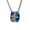 Close-up of rainbow titanium steel ring pendant necklace with sparkling crystals jewelry - Includes Chain (LT004) / 3.0mm Thick / 60cm Long / Blue