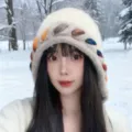 Chapeau bob en peluche tricotée style japonais pour femme hiver chaud franges colorées - Beige