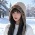 Bonnet tricoté en peluche style japonais avec pompons colorés, bonnet chaud hiver femme. - Kaki