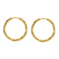 Detail of gold plated stainless steel hoop earrings with hammered texture. - Outer Diameter 13mm / Gold