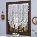French vintage white lace short curtain detail, elegant floral pattern with green tie-back. - Flat Dimensions Width 1.45m Height 1m / White Phoenix Tail Tie-Up Curtain