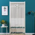 Detailed view of the elegant lace door curtain with delicate bow and green velvet border. - 100*210cm / Green and Beige Butterfly Sheer Curtain with Hook and Loop Tape