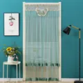 Double-layer lace door curtain with butterfly embroidery, fresh green mesh partition for room. - Green Butterfly Sheer Curtain with Hook and Loop Tape