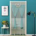 Detail scene of double gauze lace door curtain with delicate butterfly embroidery and valance. - Green Butterfly Sheer Curtain with Hook and Loop Tape and Rod