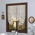French vintage lace tier curtain for living room, white semi-sheer cafe curtain for privacy. - Flat Dimensions Width 1.45m Height 1m / Coffee Phoenix Tail Tie-Up Curtain