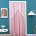 Pink double-layer lace door curtain with bow detail, elegant room partition for home decor. - 90x200cm / Pink
