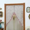 Decorative lace door curtain with beads, floral mesh fabric half curtain for bedroom privacy. - With Telescopic Rod 60-110cm / Flower Shadow Gray Purple