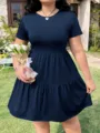 Detail view of the casual solid color short sleeve tiered dress, comfortable fabric, ruffle hem. - 1XL / Navy Blue