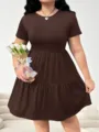Brown short sleeve tiered dress detail, solid color ruffled hem casual daily wear. - 1XL / Coffee