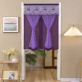 Purple sheer door curtain with exquisite embroidery and beads for kitchen and bathroom privacy. - 90*120cm with Free Hook and Loop Fastener / Double-Layer Purple Bouquet