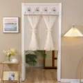 Beige half door curtain lace floral sheer privacy curtain for kitchen and toilet decoration - 90*120cm with Free Hook and Loop Fastener / Beige Double-Layered Bouquet Style