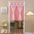 Pink half door curtain sheer mesh privacy curtain with floral embroidery for room decor. - 90*120cm with Free Hook and Loop Fastener / Pink Double-Layered Bouquet Style