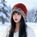 Bonnet tricoté en peluche coloré style japonais hiver chaud mode extérieure - Rouge