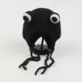 Gorro beanie de rana de punto negro con ojos divertidos y bonitos orejeras para mujeres. - Alrededor de 57cm / Negro