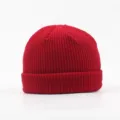 Solid red knitted beanie hat, minimalist warm winter docker cap for men and women. - Burgundy