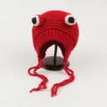Gorro de punto de rana rojo lindo con orejeras y cordones trenzados, sombrero cálido de invierno. - Alrededor de 57cm / Rojo