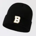 Black knit beanie hat for men and women, warm winter slouchy cap with letter B patch. - Adjustable / Letter B