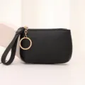 Black litchi pattern mini coin purse with wrist strap and key ring, stylish small wallet. - Black