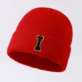 Red knit beanie hat for men and women, cozy winter warm outdoor cap with letter I patch. - Letter I