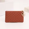 Brown woven mini coin purse for women with zipper and keyring, stylish small wallet. - Tan