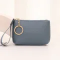 Mini Coin Purse, Gray Blue Lichee Pattern PU Leather Pouch with Wrist Strap and Gold Key Ring - Blue