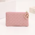 Pink woven coin purse mini wallet with gold zipper keychain stylish compact card holder daily use - Pink