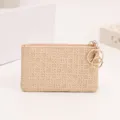 Woven mini coin purse for women, stylish small wallet with keychain and zipper closure. - Beige