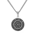 Detailed close-up of a stainless steel Nordic Viking Vegvisir rune compass pendant necklace - Necklace Set (With 60cm Chain) / Silver