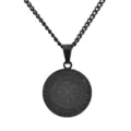 Detailed macro view of matte black Viking compass pendant with engraved Nordic runes. - Necklace Set (With 60cm Chain) / Black