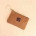 Brown canvas coin purse with keychain and zipper, portable mini card holder bag for women. - Tan