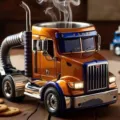 Detailaufnahme einer kreativen orangefarbenen LKW-Kaffeetasse mit verchromtem Auspuff. - Standardkapazität / Gelb