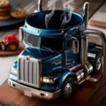 Detailansicht einer Kaffeetasse in Form eines blauen LKWs mit Chromteilen und Dampf - Standardkapazität / Grün
