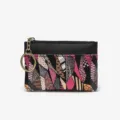 Small coin purse card holder with key ring, black and pink geometric pattern design. - Pink (Irregular Pattern on Each)