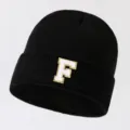 Black knit beanie hat with white letter F patch, casual winter warm unisex stylish headwear. - Adjustable / Letter F