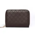 Dark brown faux leather zippered coin purse with elegant diamond embossed pattern and metal zipper. - Plaid Coffee