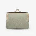 Green faux leather kiss lock coin purse vintage embossed clover clasp wallet daily use - Green