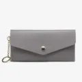 Grey envelope long wallet with gold snap button and side keyring, PU leather clutch bag. - Grey (Plain Pattern)
