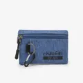 Blue Oxford cloth coin purse waterproof portable mini wallet card holder with keyring hook. - Blue