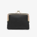 Black kiss-lock coin purse with gold frame vintage clasp compact leather wallet for women. - Black
